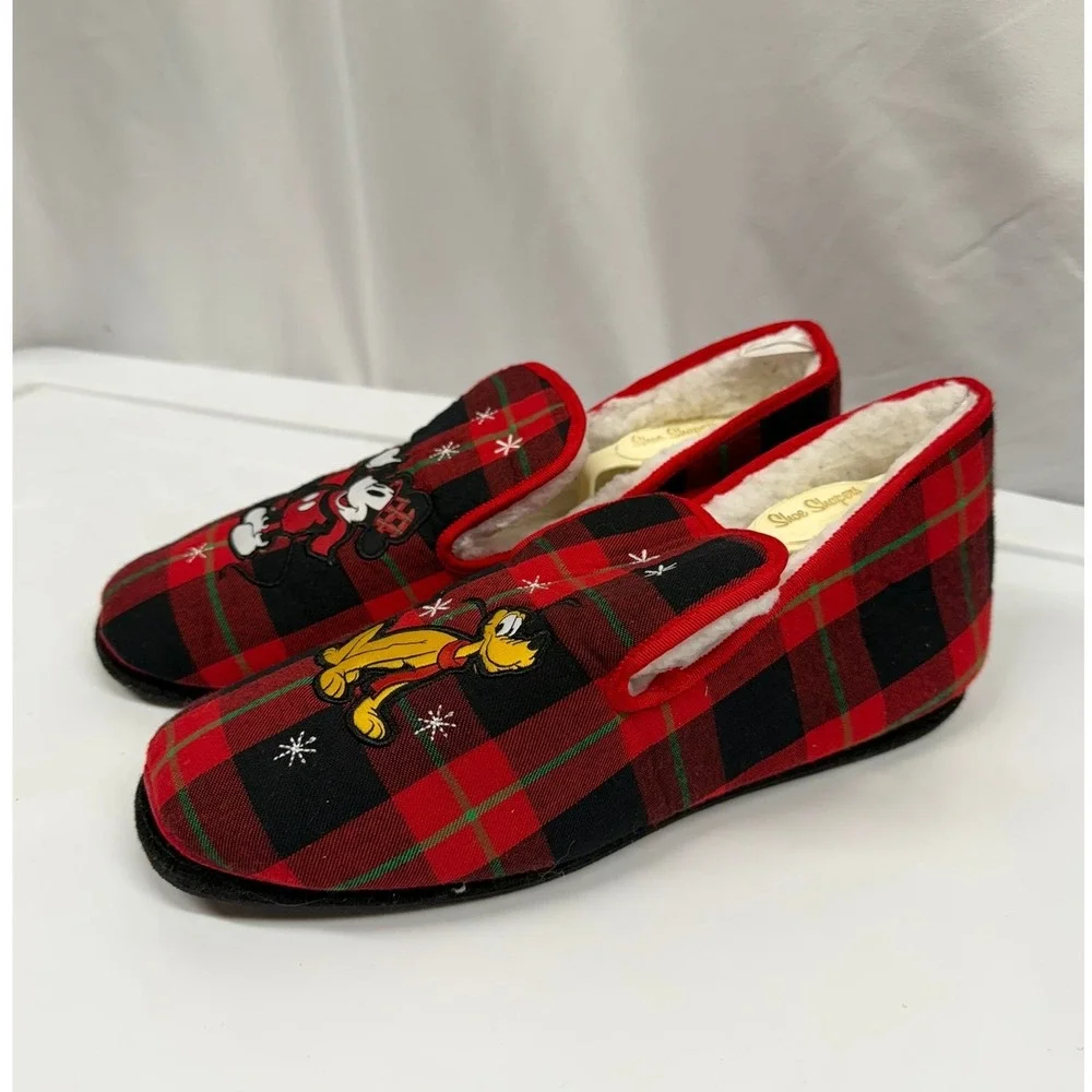 Disney Store NWOT Holiday Mickey Mouse & Pluto Plaid Adult Slippers 9/10M 11/12L